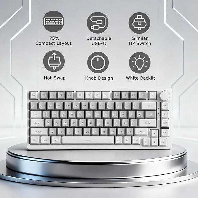AK820 Wired 75% Mechanical Keyboard, Hot-Swappable Gasket-Mounted Gaming Keyboard with Similar HP Switches, 81 PBT Keycaps White-Grey Layout, Multimedia Keys Knob, White Backlit