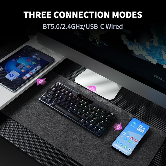 Hexgears A1 Low Profile Wireless Mechanical Keyboard - 60% Compact TKL, Bluetooth 5.0/2.4GHz/Wired USB C Hot Swappable Clicky Switch, RGB Backlit Mini Portable Gaming Keyboard Aluminum for PC/MAC