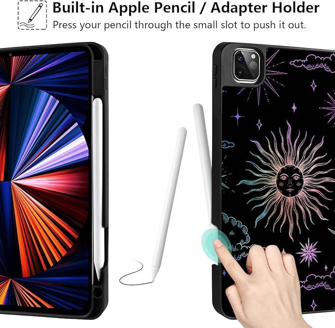 DONGKE Case for 2022/2021/2020/2018 iPad Pro 11 inch Gen 4/3/2/1 - Slim Protective Case - Built in Pencil Holder Support Charging - Trifold Stand & Sleep/Wake Cover - Sun & Moon