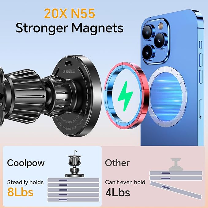 Coolpow for Magsafe Car Mount Charger【100% Stable】15W Magsafe Car Charger Magnetic Phone Holders for Your Car Accessories for Women Men car Phone Holder Wireless Car Charger for iPhone (Carbon Fiber)
