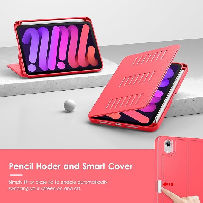 VIKESI Case for iPad mini 7 (A17 Pro) and iPad mini 6,Multiple Angles Magnetic Stand Cover,Shockproof Soft Back,Pencil Holder,and Auto Sleep/Wake,Red