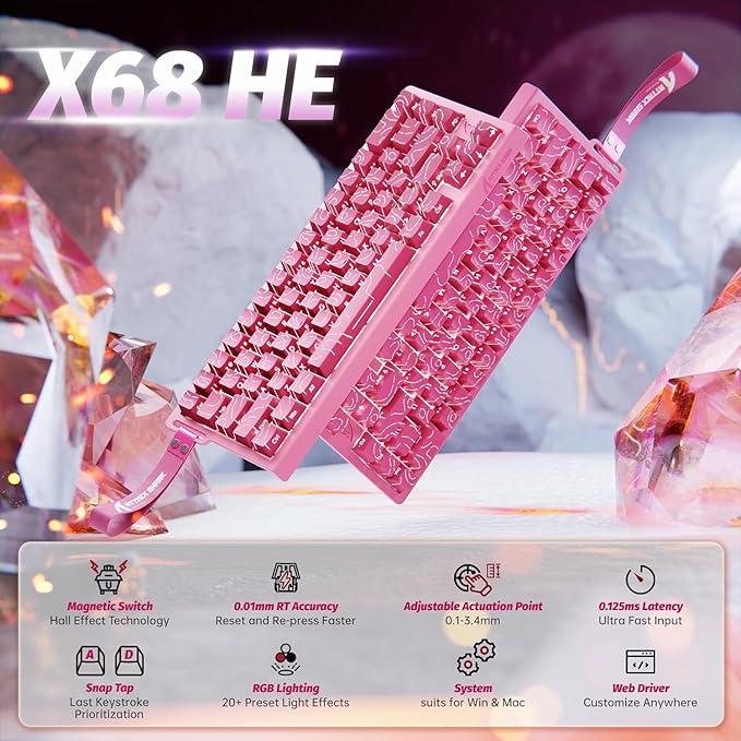 ATTACK SHARK X68HE Rapid Trigger Mechanical Gaming Keyboard 60% Wired with Adjustable Actuation,Hall Effect Magnetic Switch,8KHz Polling Rate,RGB Backlit,Top Mount,Side Printed Keycap(Rose Contour)