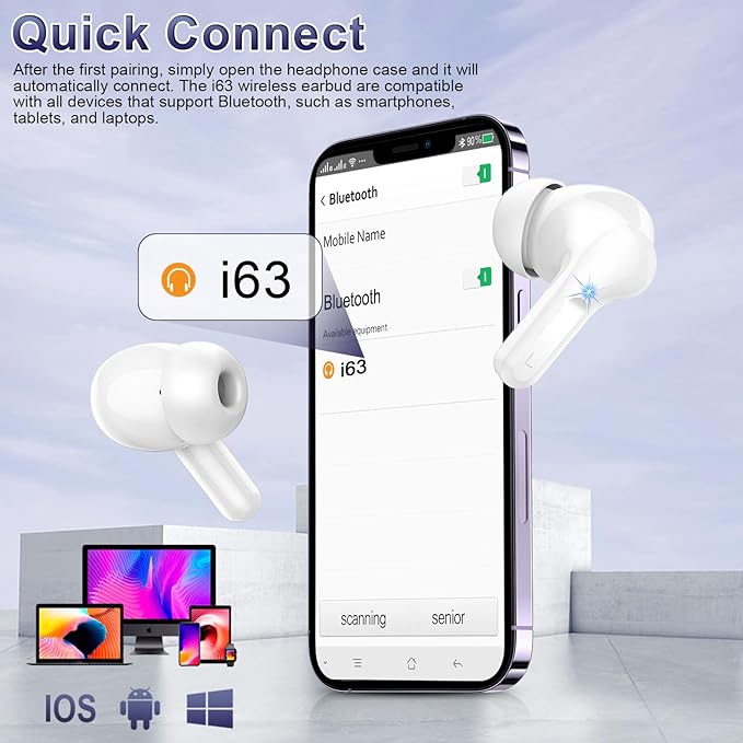 Wireless Earbuds, 48Hrs 2026 Bluetooth Headphones, Hi-Fi Stereo Deep Bass Ear Buds, ENC Noise Cancelling Mic, Clear Calls, IP-X7 Waterproof, USB Sport Earphones in Ear for Phones Laptop Pad, White