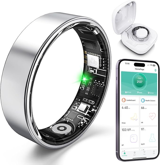 Smart Ring with Sleep Monitoring, Step Counting, Heart Rate, Blood Oxygen for iOS and Android, No Subscription Fee, IP68 Waterproof Health Tracker (Silver, 7)