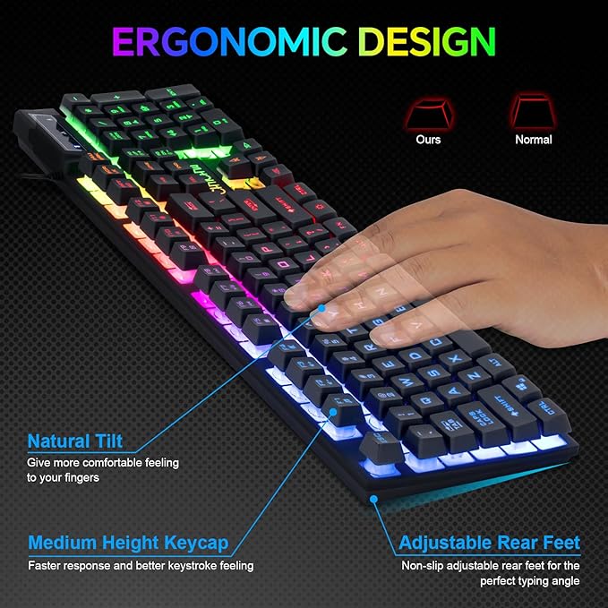 Gaming LED Keyboard Mouse Headset and Mousepad Bundle, CHONCHOW Wired Rainbow LED Light Up Gaming Keyboard Mouse Headset, Value 4 in 1 Game Set for Xbox PS4 PS5 PC Laptop Gamer