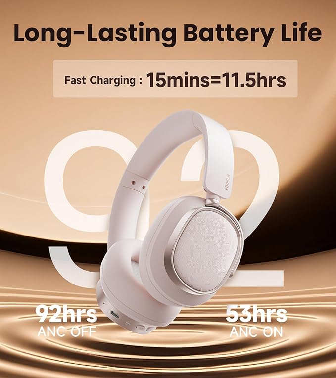 Edifier ES850NB Active Noise Cancelling Headphones, Over Ear Bluetooth Headset, 92H Playtime Wired & Wireless Hi-Res Audio Certified, Fast Charging Clear Calls for Home Office Travel (Pink)