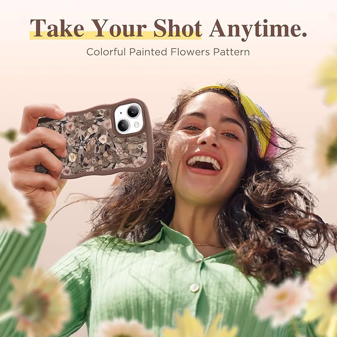 GVIEWIN Cute for iPhone 14 Case & iPhone 13 Case [Compatible with MagSafe] [Curly Wave Edge] Floral Translucent Magnetic Shockproof Protective Phone Cover for iPhone 14/13 6.1'', Apricot Blossom/Brown