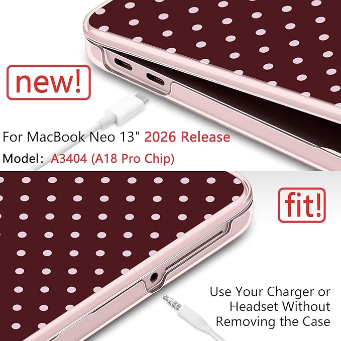 DONGKE for MacBook Neo 13 Inch Case 2026 (Model A3404, A18 Pro chip), Stylish Pattern Protective Hard Shell with Screen Protector, Keyboard Cover & USB-C Adapter - Burgundy Polka Dots