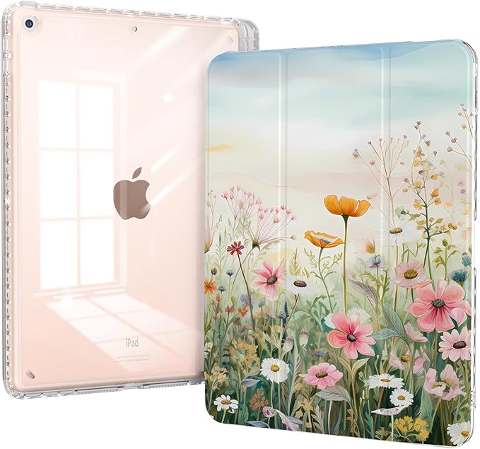 Slim Trifold Case for ipad 9th/8th/7th Generation, ipad Case 10.2 inch 2021/2020/2019 with Pencil Holder, Shockproof Hybird Shell Clear Back Cover, Watercolor Wildflower