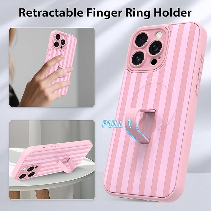 KANGHAR Compatible with iPhone 16 Pro Case, Support for MagSafe, Silicone Stripes Cute Pattern, Wristband Kickstand Camera Protection Soft Slim Cover for Girls Women -Pink
