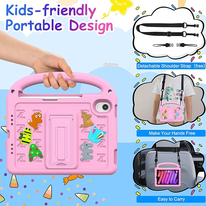 Kids Case for iPad mini 7(A17 Pro) 2024/iPad Mini 6 2021 8.3 Inch, with Built-in Pencil Holder/Anti-Slip Handle/Foldable Stand, Shockproof Protective iPad mini 7th/6th Generation Case 8.3 Inch