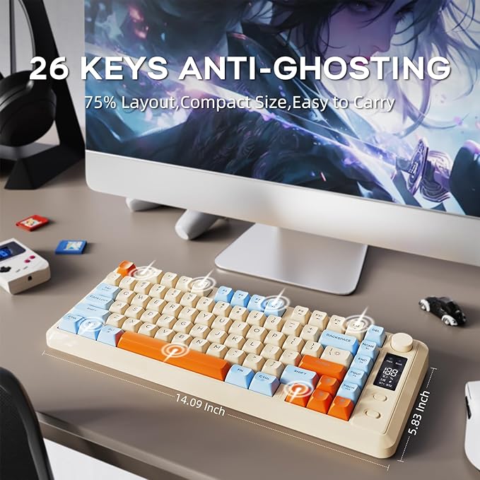 FREEWOLF M75 Wireless Mechanical Feel Gaming Keyboard Bluetooth/2.4Ghz Membrane with Knob & OLED Display Rainbow Backlit Gradient PBT Keycaps 2000mAH Battery Anti-Ghosting-Blueberry
