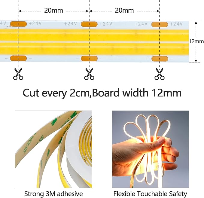 GOMING 32.8ft(10M) 24V Double Row COB LED Strip Light Warm White 3000K 6000LEDs CRI 93+ 20000lm Uniform Glow Dotless IP20 Not Waterproof Flexible LED Tape Lights for DIY Home Decor(No Power Supply)