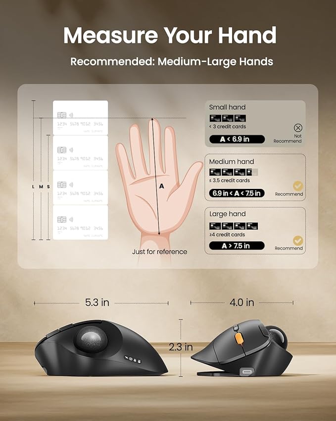 ProtoArc Wireless Bluetooth Trackball Mouse, EM02 Two Adjustable Angle Ergonomic Rechargeable Computer Ball Mouse, 3 Device Connection, Thumb Control and Smooth Tracking for Laptop, PC, Mac-Gray