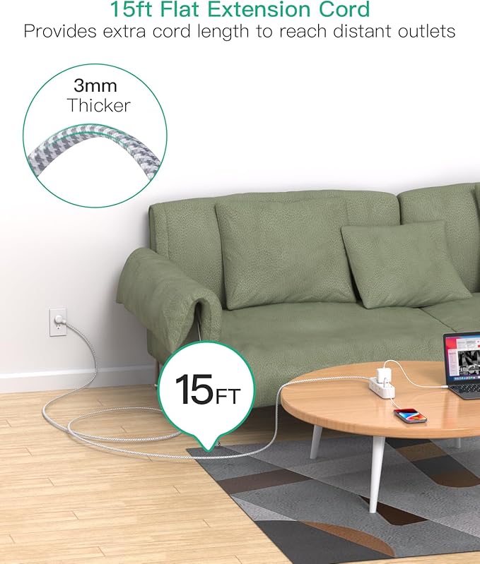 Mifaso Extension Cord, Surge Protector Power Strip, Long Power Strip with 9 Outlets 4 USB Ports, Extension Cord with Multiple Outlets, USB Power Strip for Dorm Room Essentials, College(15FT, White)