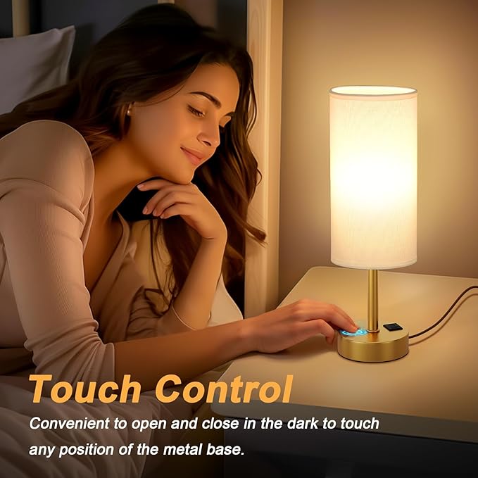 Dicoool Elegant Gold Touch Table Lamp, Modern Wedding Gift for Couples, Bedside Lamps with USB-C USB-A Charging Ports, 3 Way Dimmable Small Lamp for Office, Living Room, Bathroom