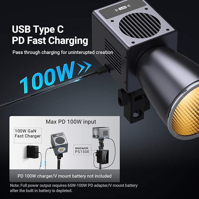 NEEWER 60W Mini LED Video Light with 50Wh Battery/100W PD Fast Charging, APP/2.4G Control/NFC, Bi Color Dimmable COB Studio Continuous Output Lighting 44,800 lux/1m 2700-6500K CRI97+ 12 Scenes, HB60B