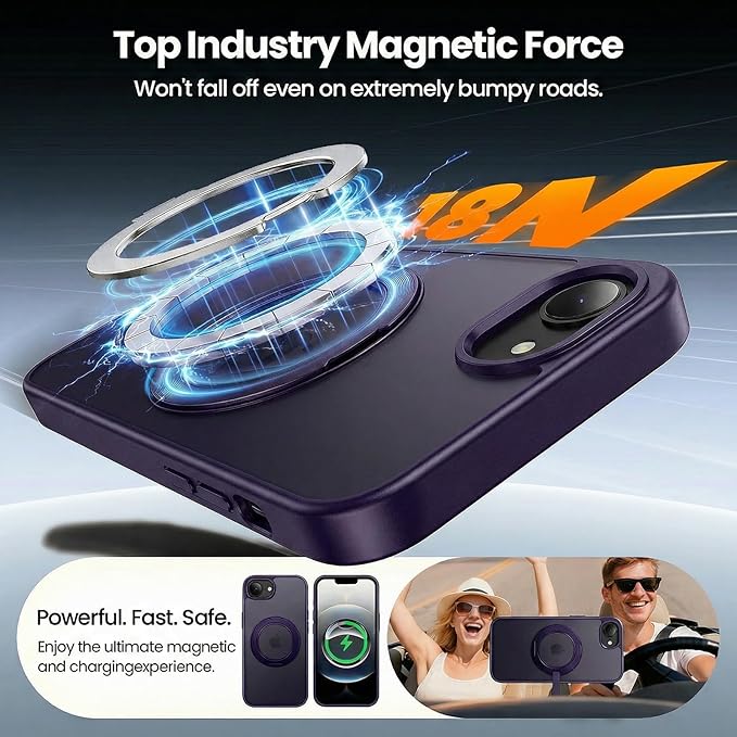 360°Ring Stand for iPhone 16E/17E Case with 2X Screen Protector,Fit for MagSafe, Anti-Yellowing & Scratch-Resistant Back Phone Case for iPhone 16E/17E 6.1", Purple