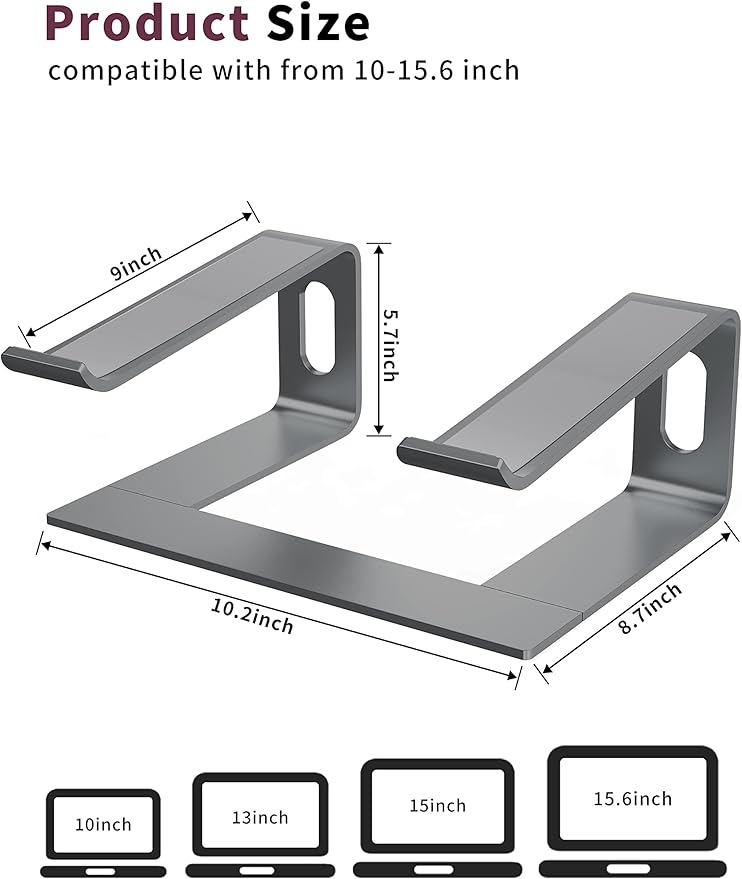ALASHI Laptop Stand for Desk, Aluminum Computer Riser, Ergonomic Notebook Holder, Detachable Metal Laptops Elevator, PC Cooling Mount Support 10 to 15.6 Inches Notebook, Grey