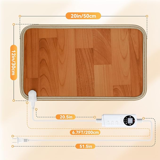 Heated Floor Mat, Foot Warmer Under Desk with 12 Adjustable Temperature & 12H Timer, 20"x12" Electric Heating Pad for Office Home, Safe with Shoes On, Brown Wood Grain, Feet Rest for Desk