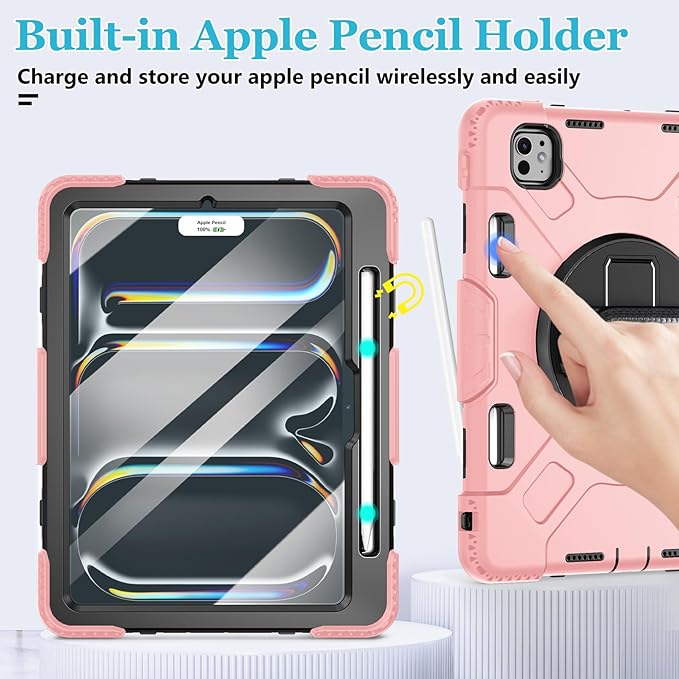 Case for iPad Pro 11 M5 2025/ M4 2024: Protective Cover for iPad Pro 11 Inch 5th Generation with Screen Protector- Stand- Handle- Shoulder Strap- Pencil Holder-Black+Rose Gold