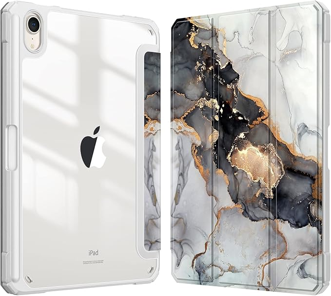 Fintie Hybrid Slim Case for iPad Mini 7 (A17 Pro, 7th Generation) 2024 / iPad Mini 6 (6th Gen) 8.3 Inch, [Built-in Pencil Holder] Shockproof Cover Clear Transparent Back Shell, Cloudy Marble