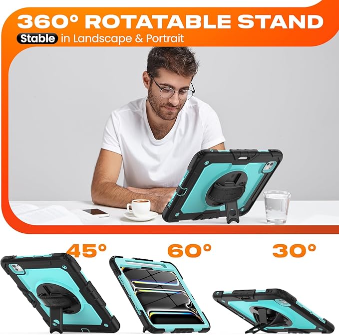 SEYMAC stock Case for iPad Pro 11-inch M5-M4 2025-2024, Shockproof Heavy Duty Case with Screen Protector, Pencil Holder, Rotating Stand, Hand Strap, Shoulder Strap, SkyBlue