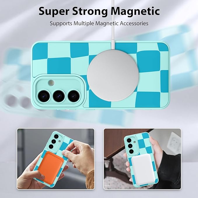 KANGHAR Compatible with Samsung Galaxy S25 Case, Support for MagSafe, Silicone Checkered Cute Pattern, Wristband Kickstand Camera Protection Soft Slim Cover for Girls Women -Blue