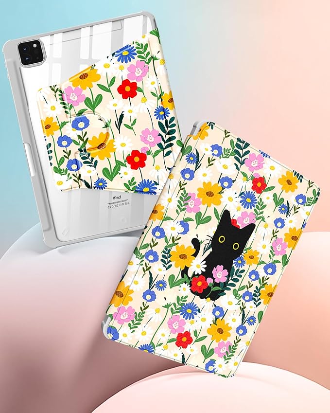 Uppuppy for iPad Air 11 inch Case(Air M4 2026, 8th Gen/M3 2025/M2)/Air 5th/4th Gen 10.9", for iPad Pro 11 inch Case(4th/3rd/2nd/1st Gen) - 360 Rotating Smart Folio Cover with Pencil Holder Cat Floral
