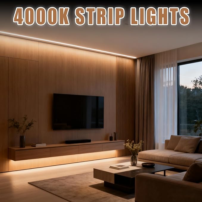 RadiantFlux 4000K 30Ft LED Strip Lights, Dimmable Natural Indoor Lighting, Flexible Super Bright LED Tape for Living Room, Kitchen, Vanity Mirror & More