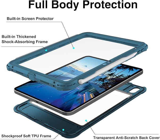 Table Waterproof Case Compatible with iPad (A16) 11th 2025/10th Gen 10.9 inch, Shockproof Drop Proof Full Body Cover Built-in Screen Protector, Pencil Holder, Stand, Shoulder Strap Teal