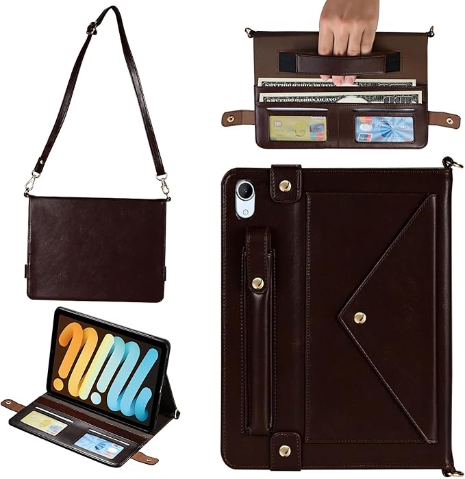 Handbag Case for iPad mini (A17 Pro)/6th Gen 8.3", Techcircle Folio Stand PU Leather Crossbody Cover with Pencil Holder+Card Slots Wallet Case with Shoulder/Hand Strap, Dark Brown