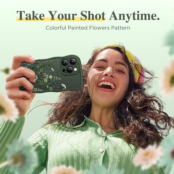 GVIEWIN for iPhone 16 Pro Max Case Compatible with MagSafe [Curly Wave Edge][Full Camera Protection] Floral Translucent Shockproof Magnetic Women Phone Case for 16 Pro Max, Floratopia/Forest Green