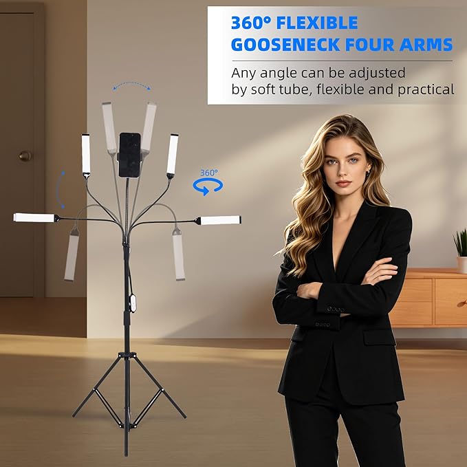 Esthetician Light Tattoo Lash Make up Light for Video Recording, Dimmable Four Arms LED Floor Lamp for Lash Techs, Estheticians & Tattoo Artists with Phone Holder & Travel Bag Kit