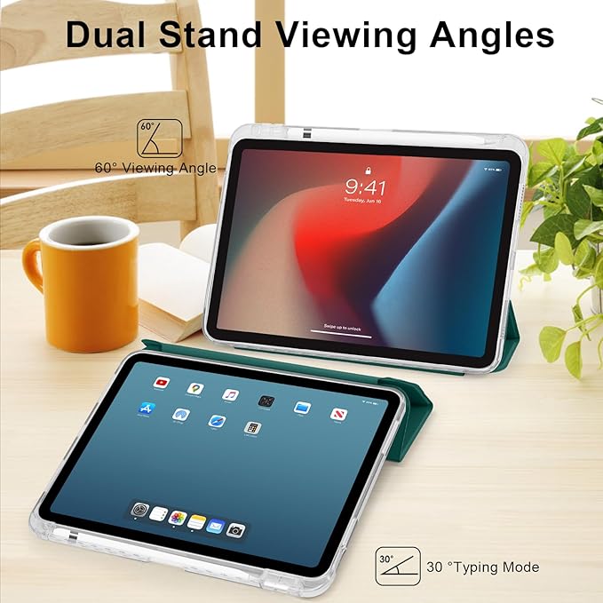 Case for iPad A16 11th Generation 11 Inch 2025, iPad 10th Generation 10.9 Inch 2022, Hybrid Protective Cover with Pencil Holder, Clear Transparent Back Shell Anti-Yellowing Case, Dark Green