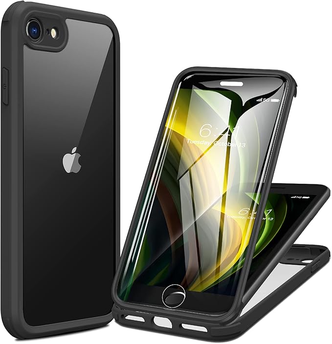 Miracase for iPhone SE Phone Case 3rd/2nd Generation 2022 2020 Full-Body with Built-in Glass Screen Protector, Heavy Duty 360° Protective Shockproof Bumper Cover for iPhone 8/SE 4.7 Inch, Black