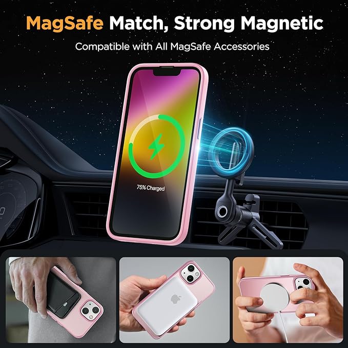 Miracase Magnetic for iPhone 14 Plus Case 6.7 inch (Compatible with MagSafe)（with 2X Screen Protectors） Military-Grade Protection, Anti-Fingerprint Translucent Matte Phone Case Cover, Mes Pink