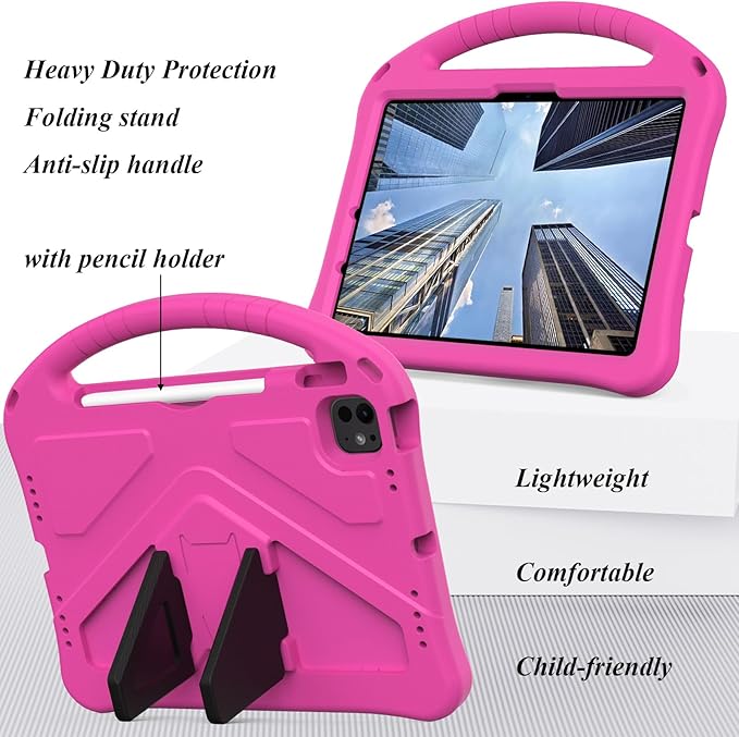 Kids Case for iPad Pro 11 inch M5/M4 (2025/2024) with Kickstand/Pencil Holder/Handle Stand Lightweight Soft EVA Foam Shockproof Heavy Duty Rugged Protection Kids Girls Boys Cover, Rose