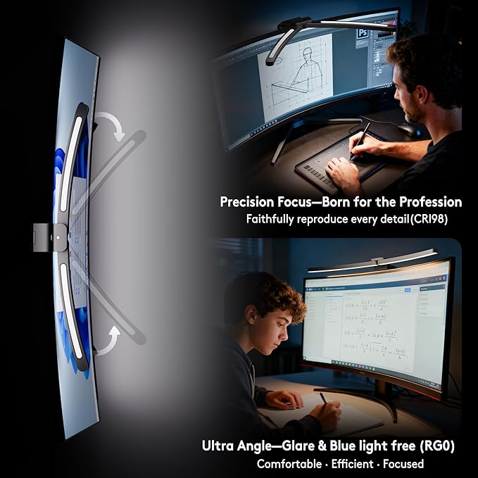 Quntis 1000R Curved Monitor Light Bar, Dual Adjustable Led Desk Lamp with Remote - Independently Rotate 2 LED Arc-Shaped Light Bars Specially Designed for Curved and 34'' Large Screen