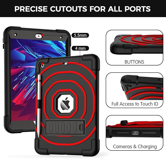 SIBEITU for iPad 9th Generation Case 10.2-inch 2021 with Pencil Holder & Built-in Kickstand, Heavy Duty Rugged Protective Case for iPad 9th/ 8th/ 7th Generation 2021 2020 2019 (Black+Red)
