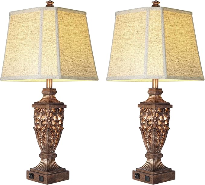 28.5" Vintage Bronze Table Lamps Set Of 2 with Night Light,Lamps for Nightstand with Beige Linen Cut Corner Shade,Bedside Lamp with USB A+C Ports for Bedrooms,Living Room,Office,Hotel(Bulb Included)
