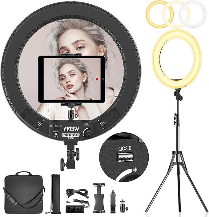 18 inch Ring Light with Stand,60W Bi-Color 3000-5800K Professional Ring Lights with Tripod for Makeup Vlog, Tattoo Large Ring Light for Phone Camera Tablet
