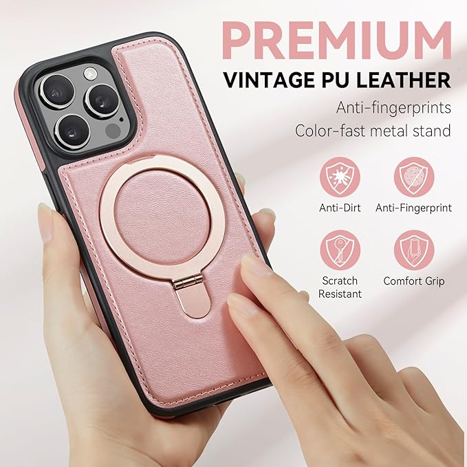 Compatible with iPhone 15 Pro Case with Stand, Compatible with MagSafe, Slim PU Leather & Durable TPU Protective Cover Drop-Proof with Tempered Glass Screen Protector 6.1", Rose Gold