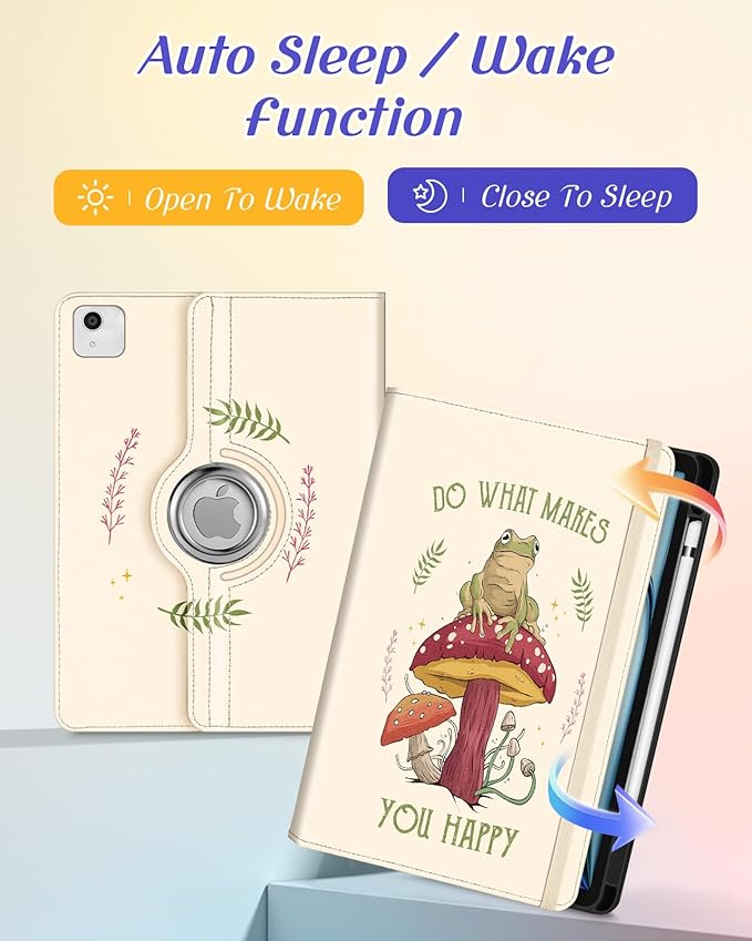 Kidcube for iPad Air 11 Inch Case M3/M2, Air 5th/4th Generation Cases 10.9'', Pro 11'' 2020 - Women Girls Aesthetic Cute Rotating Stand Folio Cover with Pencil Holder & Card Slot Cool Frog Mushroom