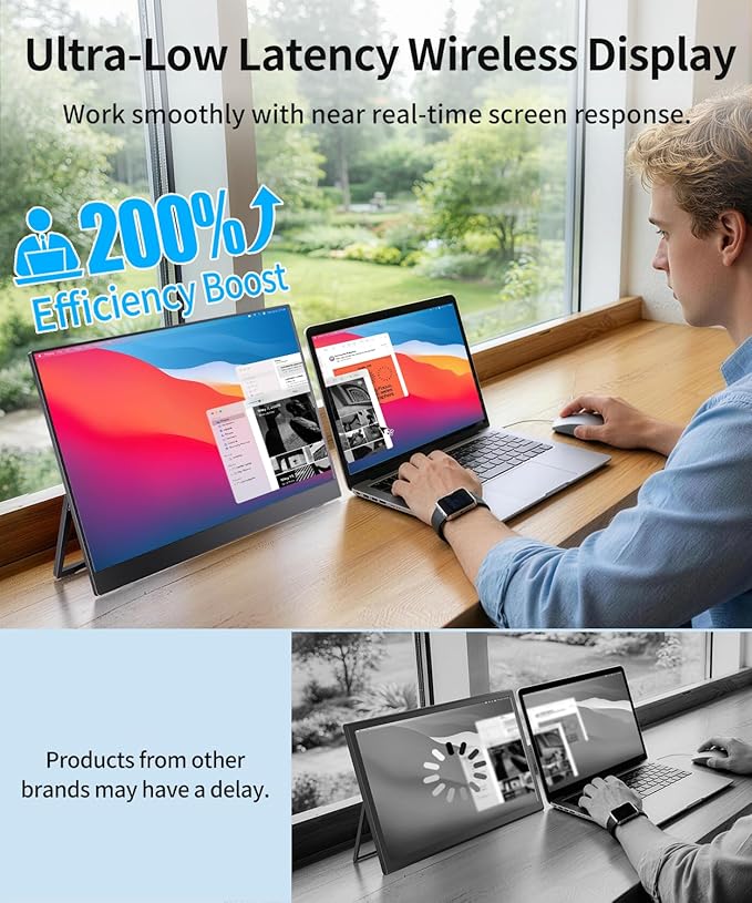 MAGICRAVEN Wireless Portable Monitor with Battery- 16" 2.5K IPS Second Screen for Travel/Office, AirPlay & Miracast Casting, Up to 4 hrs Use, No Cables or Drivers Needed, Works with Laptop/PC/Phone