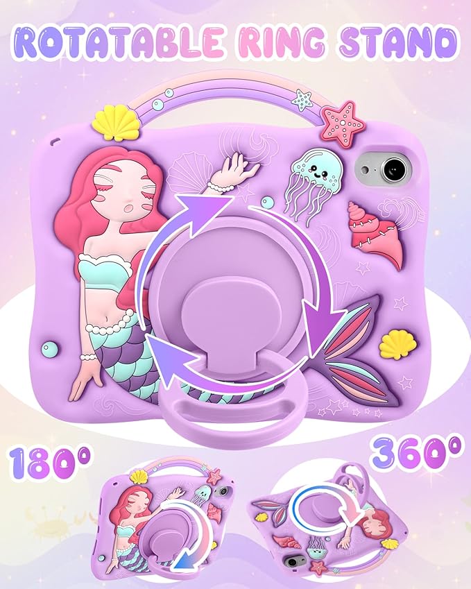Boaretiu for iPad mini 6 Case/Mini A17 Pro Case - 3D Cute Cartoon Mermaids Girls Teens Soft Silicone for iPad mini 7/6 8.3 Inch Tablet Cover with Strap & Rotating Stand