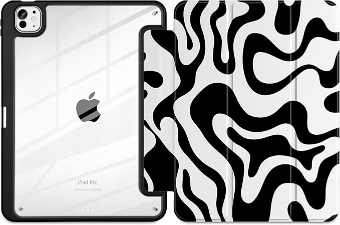 TWOLSKOO Case for iPad Pro 11-inch (M5 2025 / M4 2024), Clear Acrylic Back with TPU Bumper, Pencil Holder, Trifold Stand, Auto Sleep/Wake, Black Waves