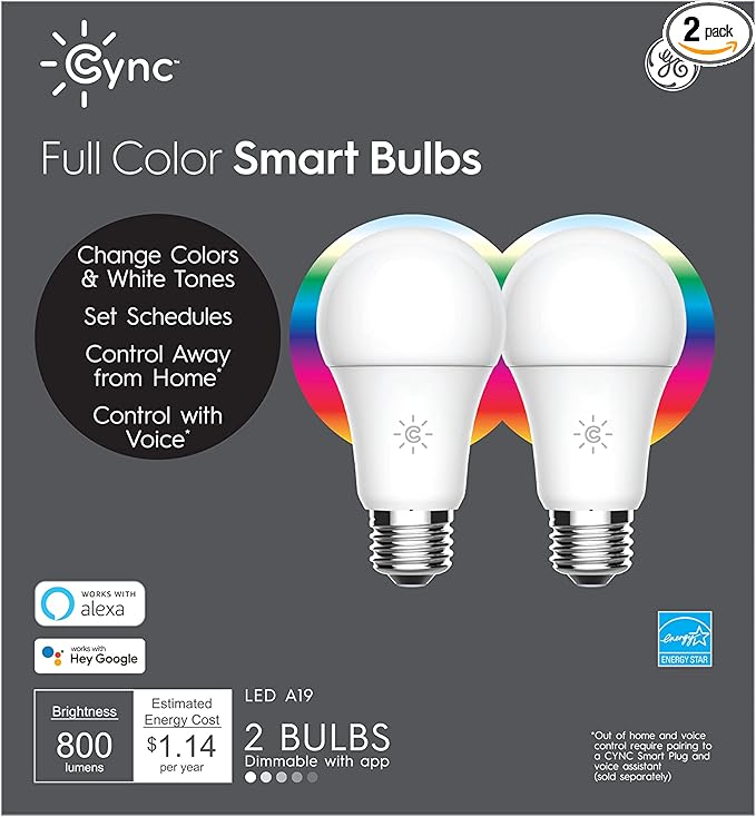 GE CYNC Smart LED Light Bulbs, Color Changing, Bluetooth Enabled, Christmas Lights and Holiday Décor, Compatible with Alexa and Google (2 Pack)