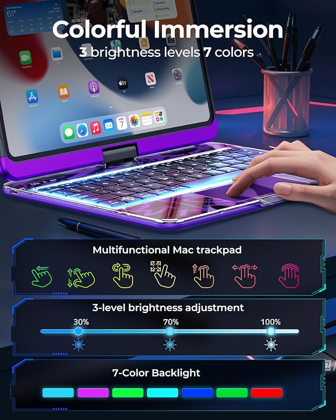 TSQQST Clear Wireless Keyboard Case for iPad Pro 11 Inch (M5/M4) 2025/2024 with Pencil Holder & Multi-Touch Trackpad, Visible PCB, 3-Brightness & 7-Color Backlight, 360° Rotating Stand, Purple