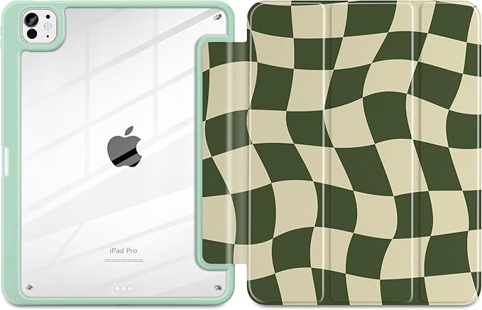 TWOLSKOO Case for iPad Pro 11-inch (M5 2025 / M4 2024), Clear Acrylic Back with TPU Bumper, Pencil Holder, Trifold Stand, Auto Sleep/Wake, Green Wavy Checker
